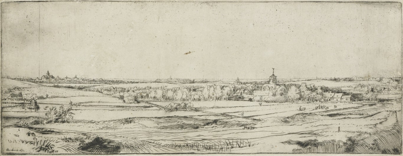 Panorama van Haarlem met landgoed Saxenburg - ets van Rembrandt